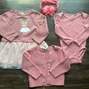 NWT H&M pink sparkle tulle dress ballerina fawn, pointelle onesie, knit cardigan